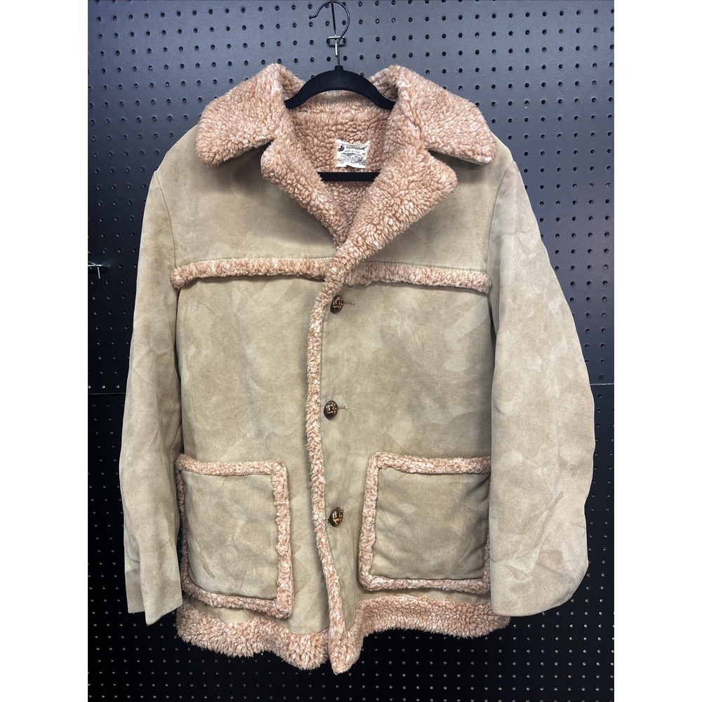 Vintage unisex 70s Faux Suede Coat Jacket Brown Sherpa Lined‎ Buttons Pockets 42